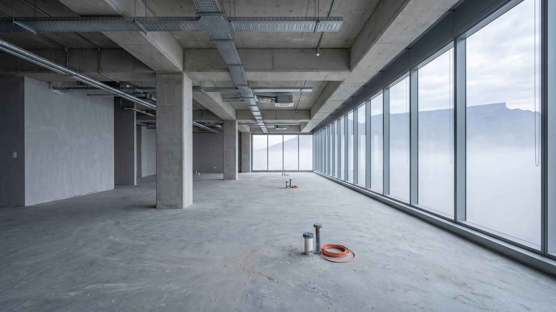 Empty office floor in shell condition with raw concrete floor, exposed services and floor to ceiling glazing