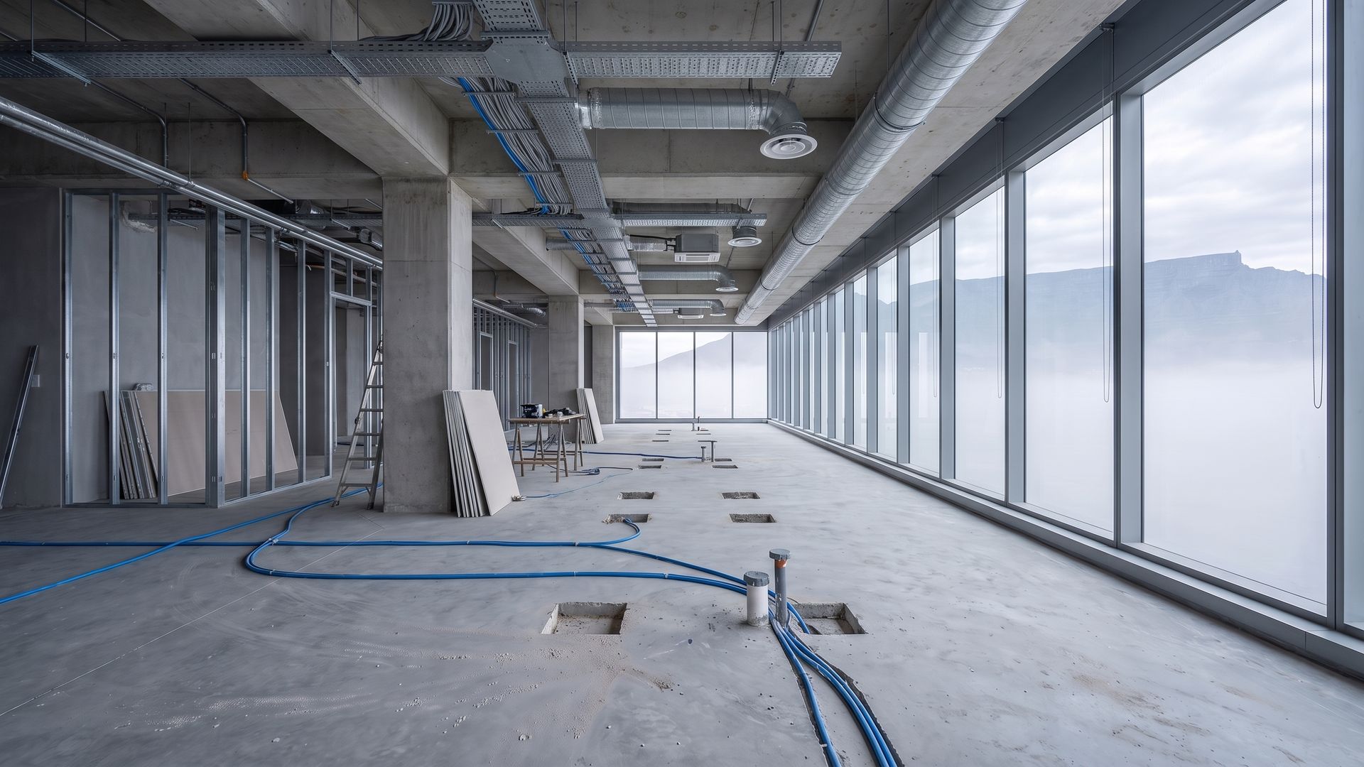 The same floor with cable trays, ducting and partition framing installed