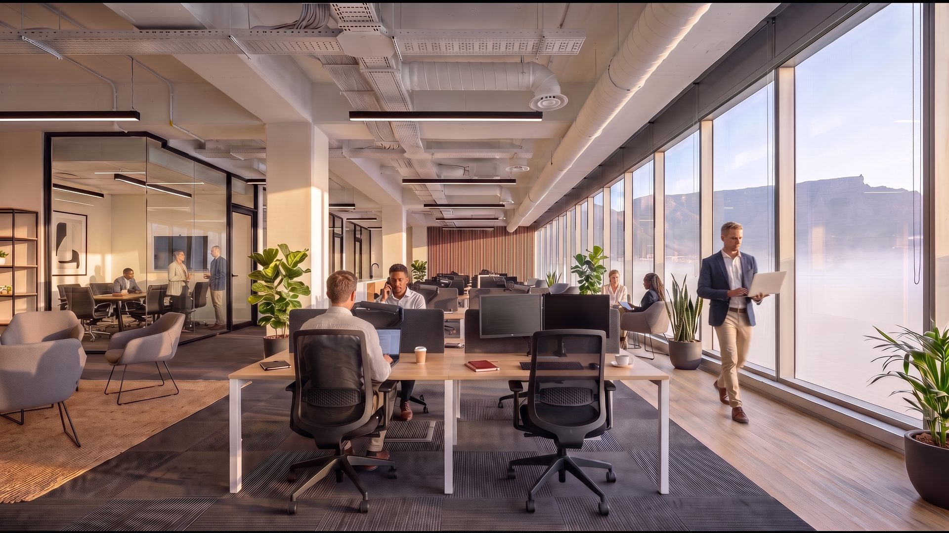 The finished office in use, with people at the workstations and in the meeting room, afternoon light