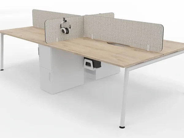 Slim line side by side desks with shared pedestal, bench desks