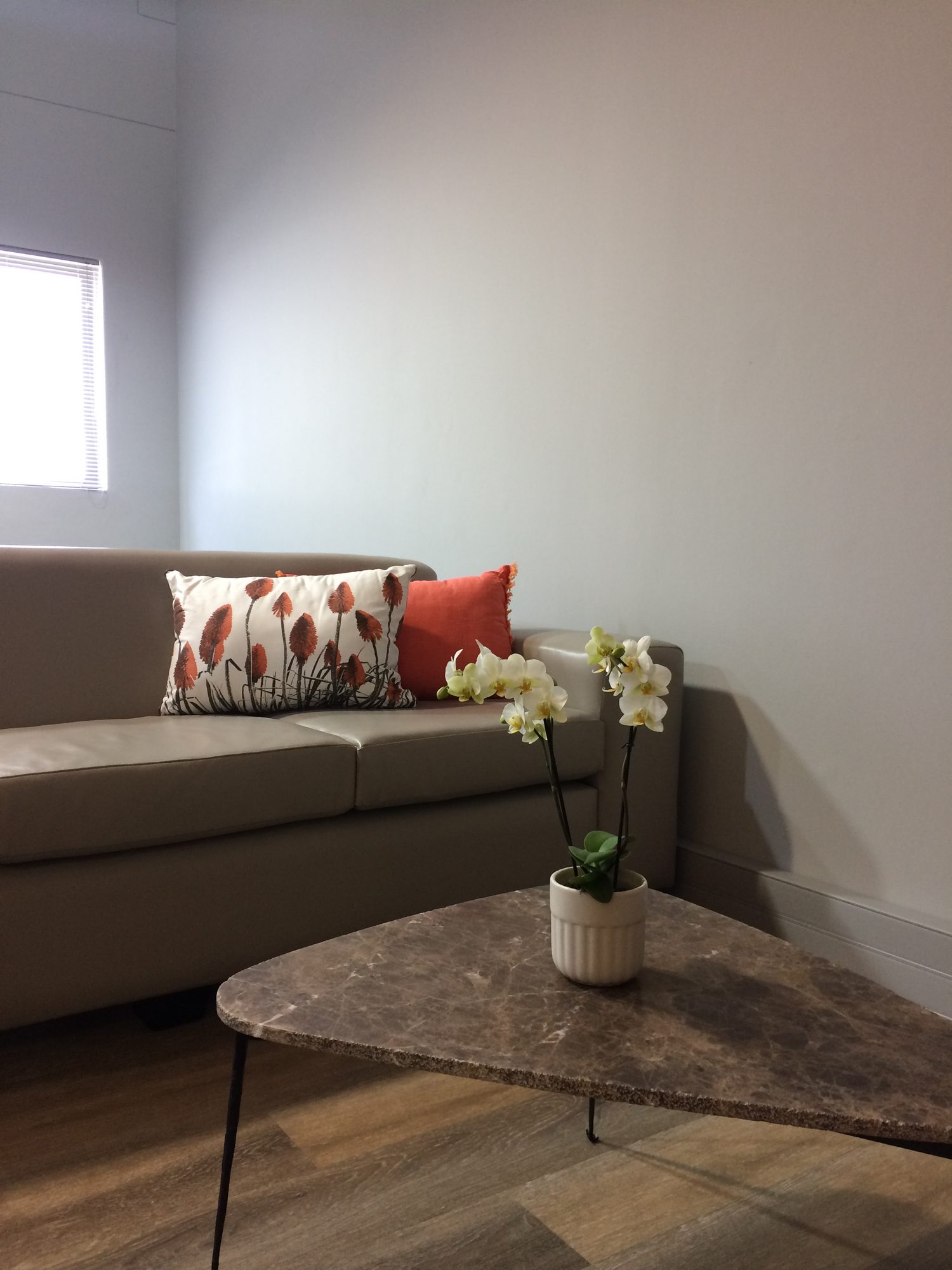 A sofa with scatter cushions and a coffee table in the New Approach Medical lounge, by Nuwave