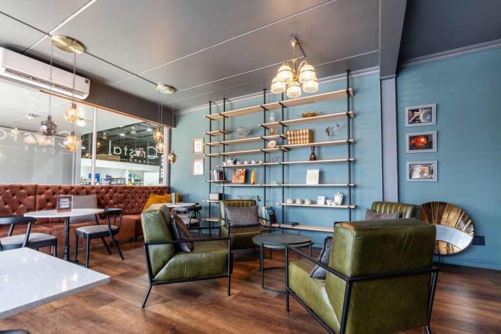 Chesterfield seating and leather armchairs in the cafe at Crystal Direct, by Nuwave