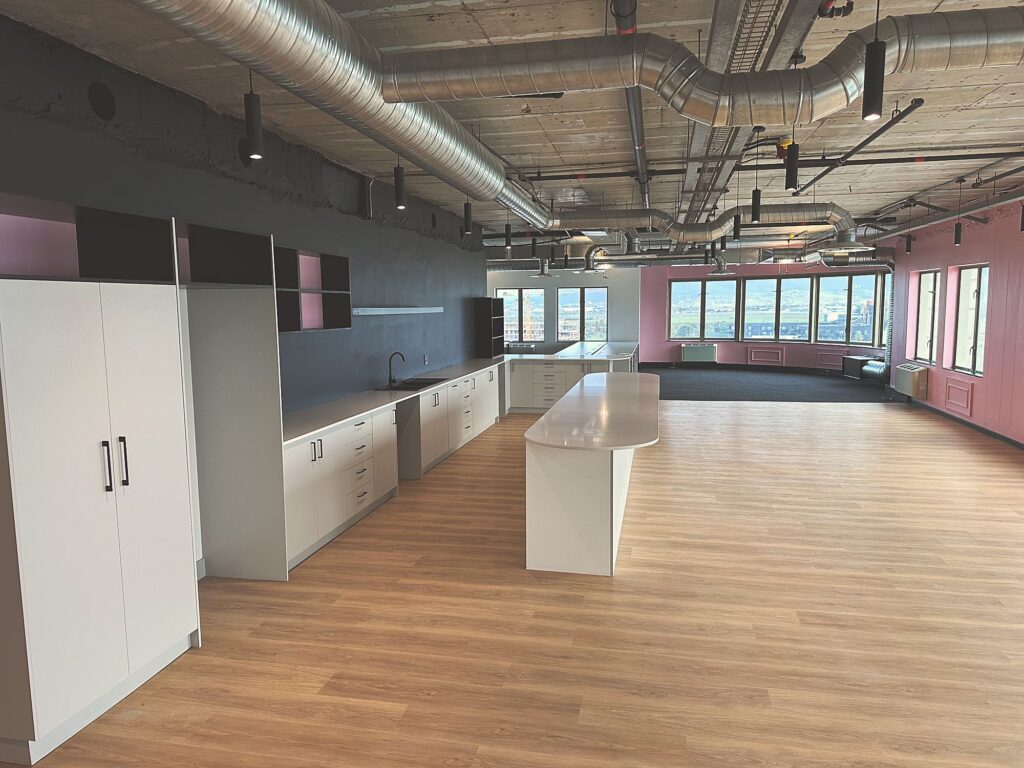 Kitchen joinery and the curved counter run at Polycat Visual Effects, fitted by Nuwave
