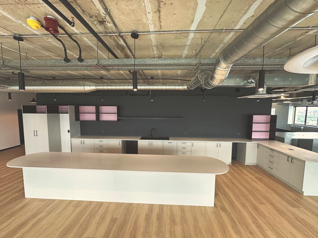 The kitchen island and pink backed shelving at Polycat Visual Effects, by Nuwave