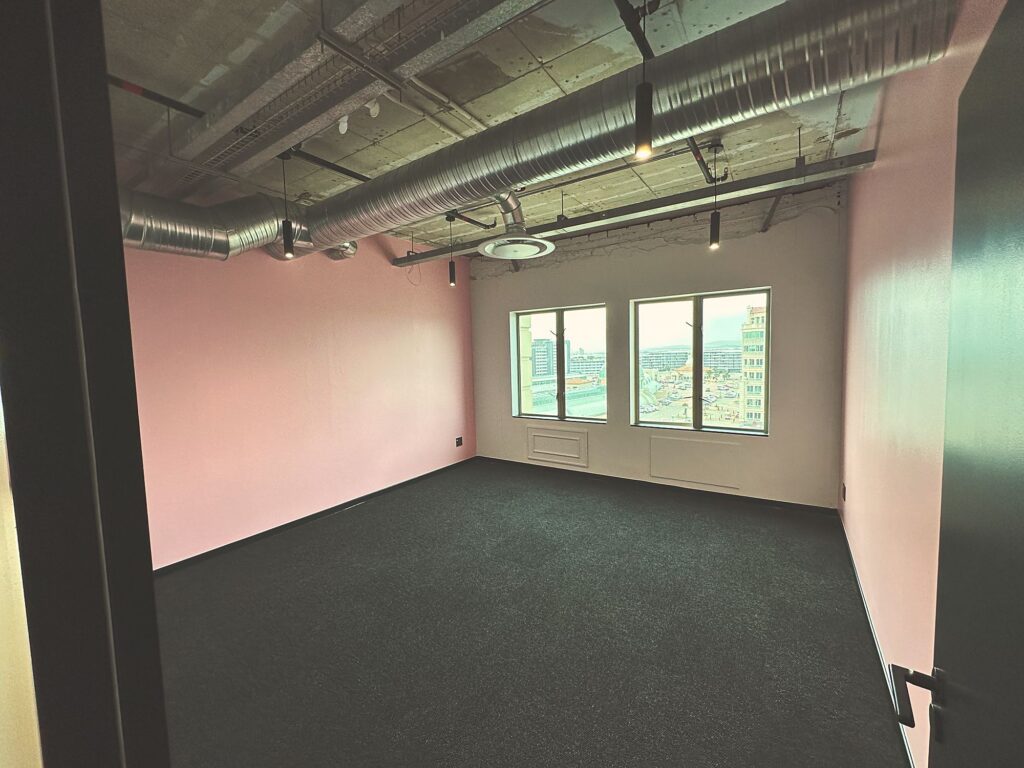 A quiet room with charcoal carpet and city windows at Polycat Visual Effects, by Nuwave