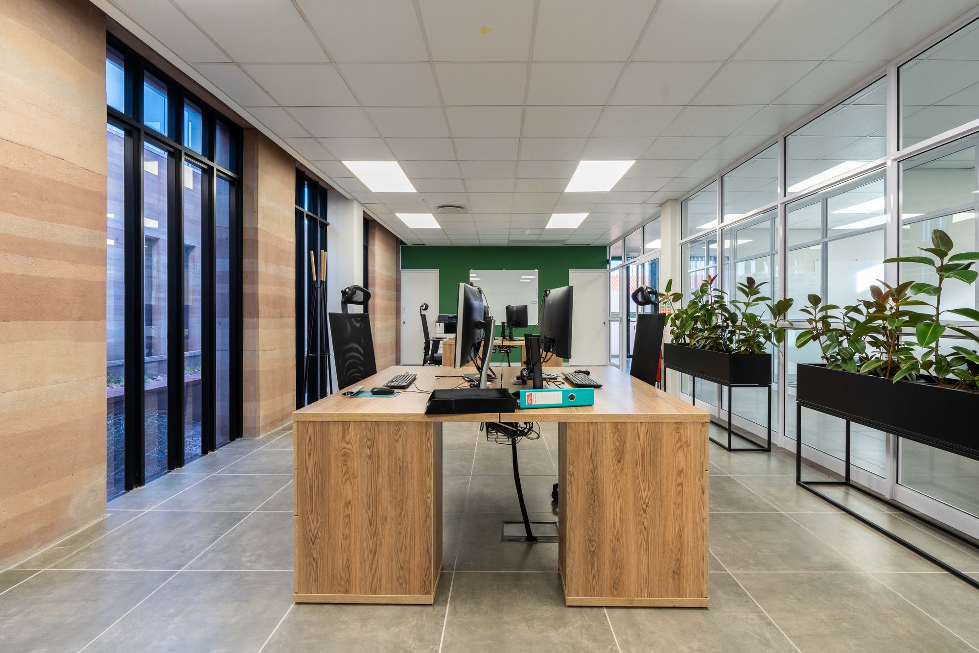 Sit stand desks along the windows in the open plan office at Oil Spill Response, by Nuwave